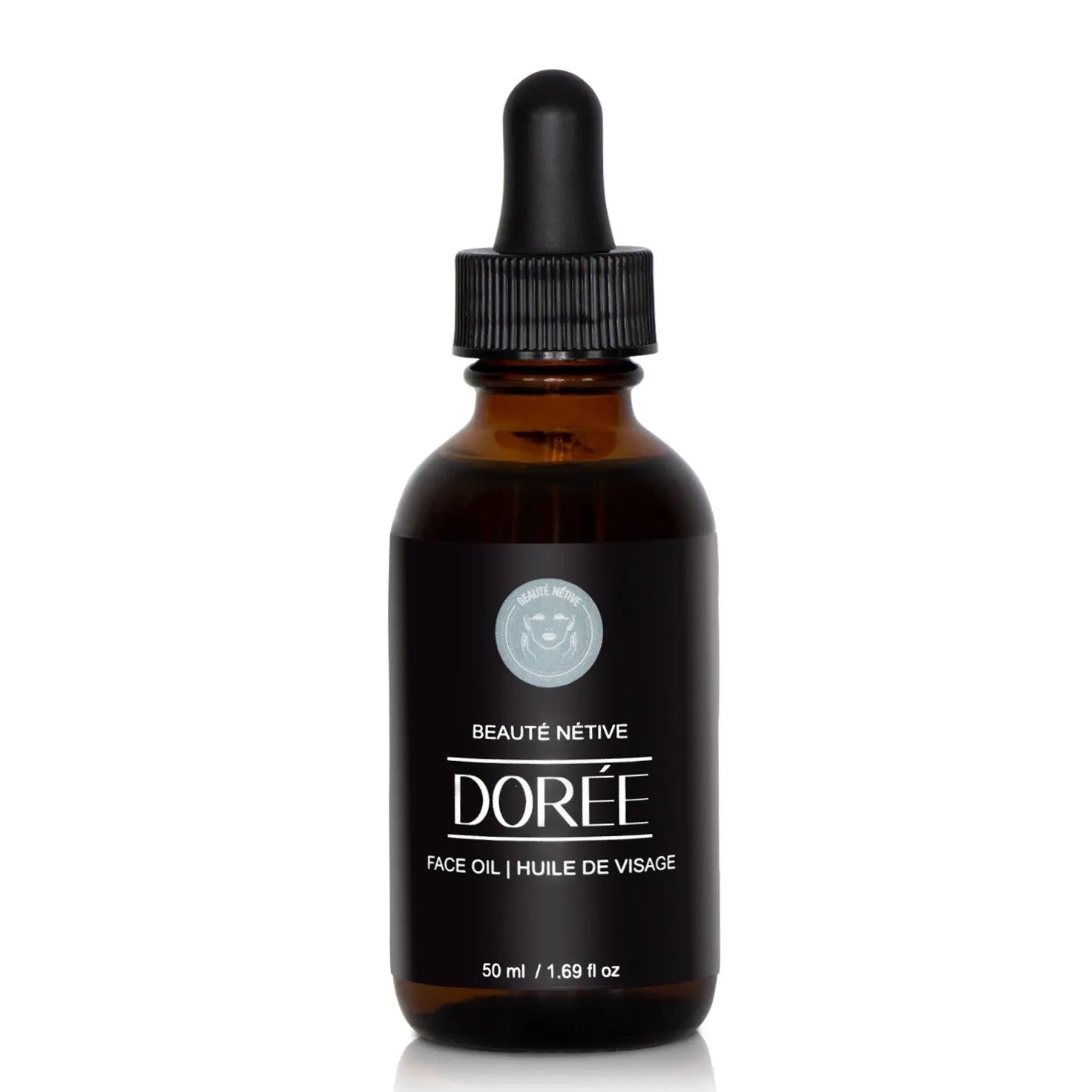 Amber glass dropper bottle of DORÉE Hydrating Face Oil by Beauté Nétive, featuring sleek black label design with white text, shown on a white background