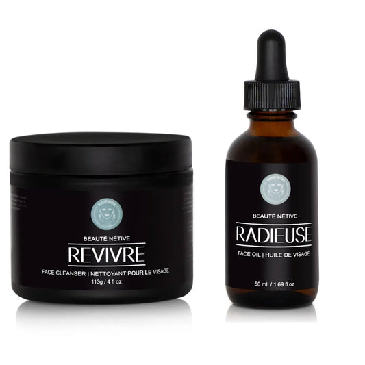 Aisance Netive Glow Skincare Duo featuring Revivre Face Cleanser in a black jar and Radieuse Face Oil in an amber dropper bottle, displayed on a white background