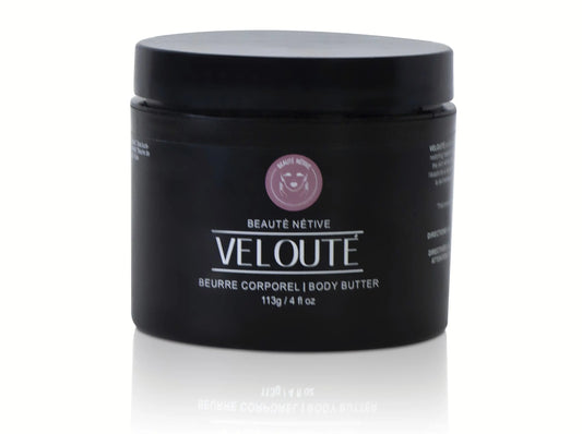 Beauté Nétive Velouté Body Butter in a sleek black jar with pink logo and white text, labeled as 113g / 4 fl oz.